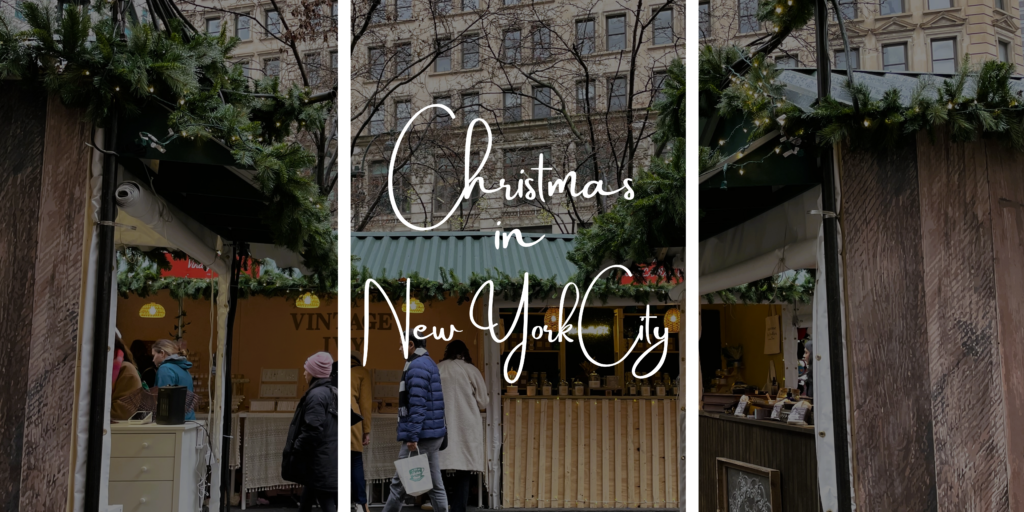 Festive stalls at a Christmas market in New York City, surrounded by holiday lights and decorations, perfect for your Christmas bucket list.