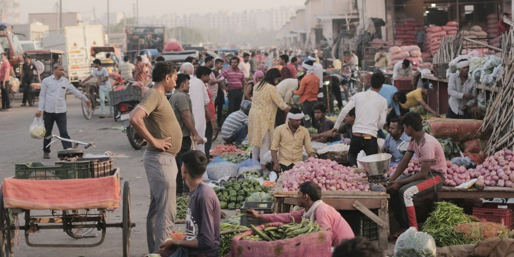 Vibrant street scene in Delhi featuring a bustling market with vendors selling fresh produce, colorful fruits, and vegetables displayed on carts, surrounded by a lively crowd navigating the busy road.