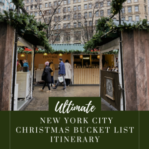 A festive view of a New York City Christmas market, capturing the holiday spirit with twinkling lights and cheerful stalls. Featured image for 'The Ultimate New York City Christmas Bucket List Itinerary.'