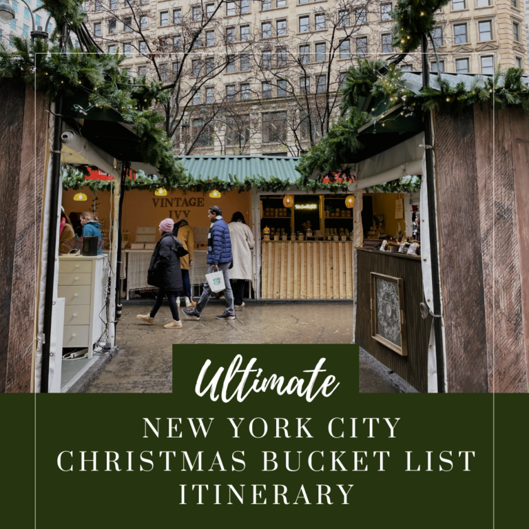 A festive view of a New York City Christmas market, capturing the holiday spirit with twinkling lights and cheerful stalls. Featured image for 'The Ultimate New York City Christmas Bucket List Itinerary.'